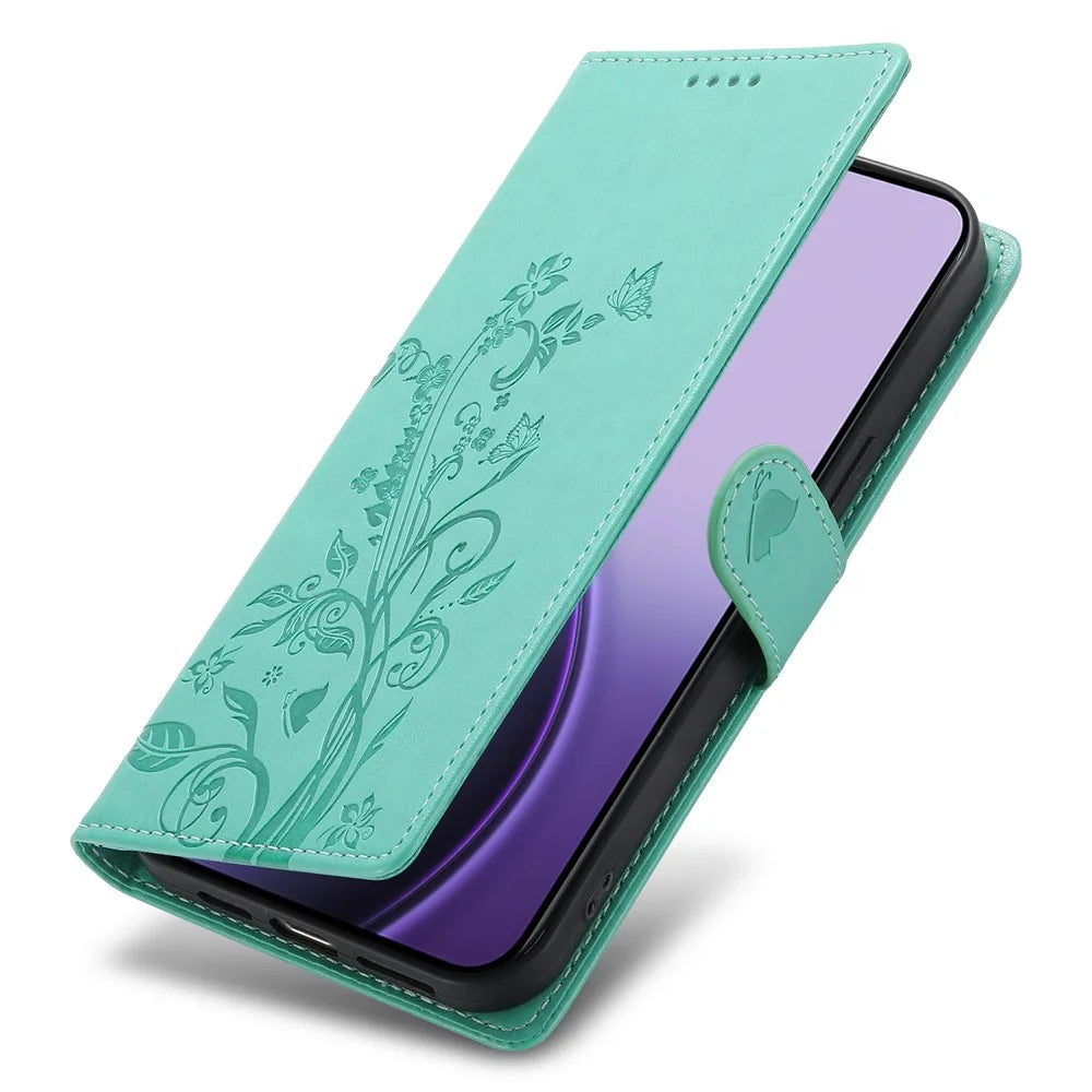 For Samsung Galaxy S26 Wallet Case Butterfly Floral Imprint PU Leather Phone Cover with Wrist Strap - Green - 5