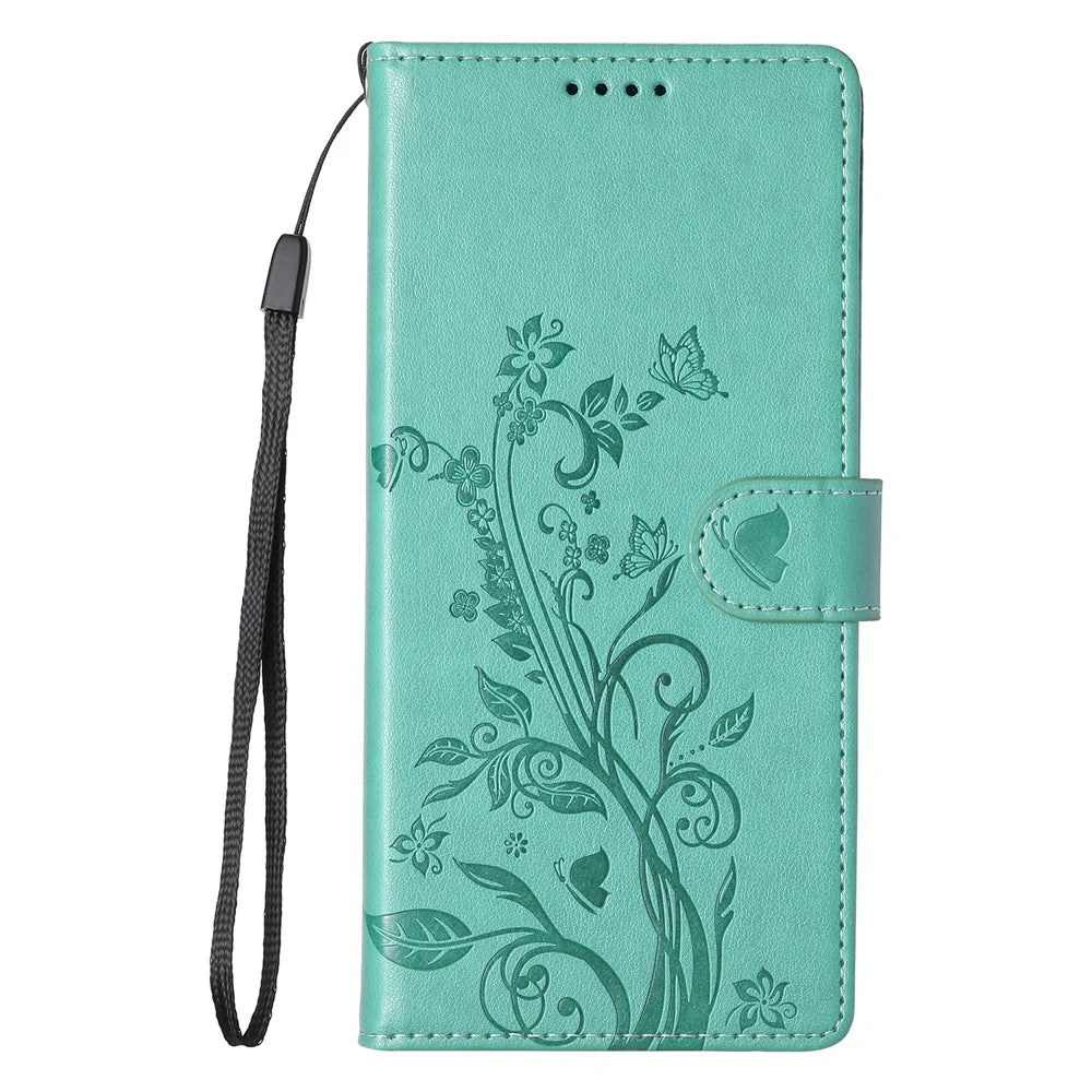 For Samsung Galaxy S26 Wallet Case Butterfly Floral Imprint PU Leather Phone Cover with Wrist Strap - Green - 6