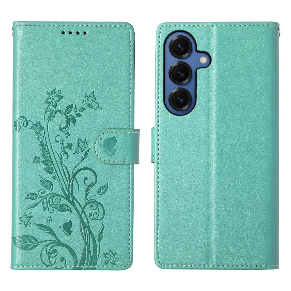 For Samsung Galaxy S26+ Wallet Case Butterfly Floral Imprint PU Leather Phone Cover with Wrist Strap - Green - 1