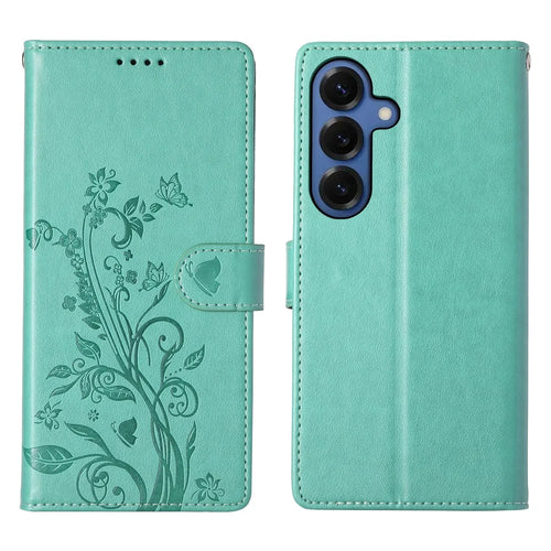For Samsung Galaxy S26+ Wallet Case Butterfly Floral Imprint PU Leather Phone Cover with Wrist Strap - Green - 1