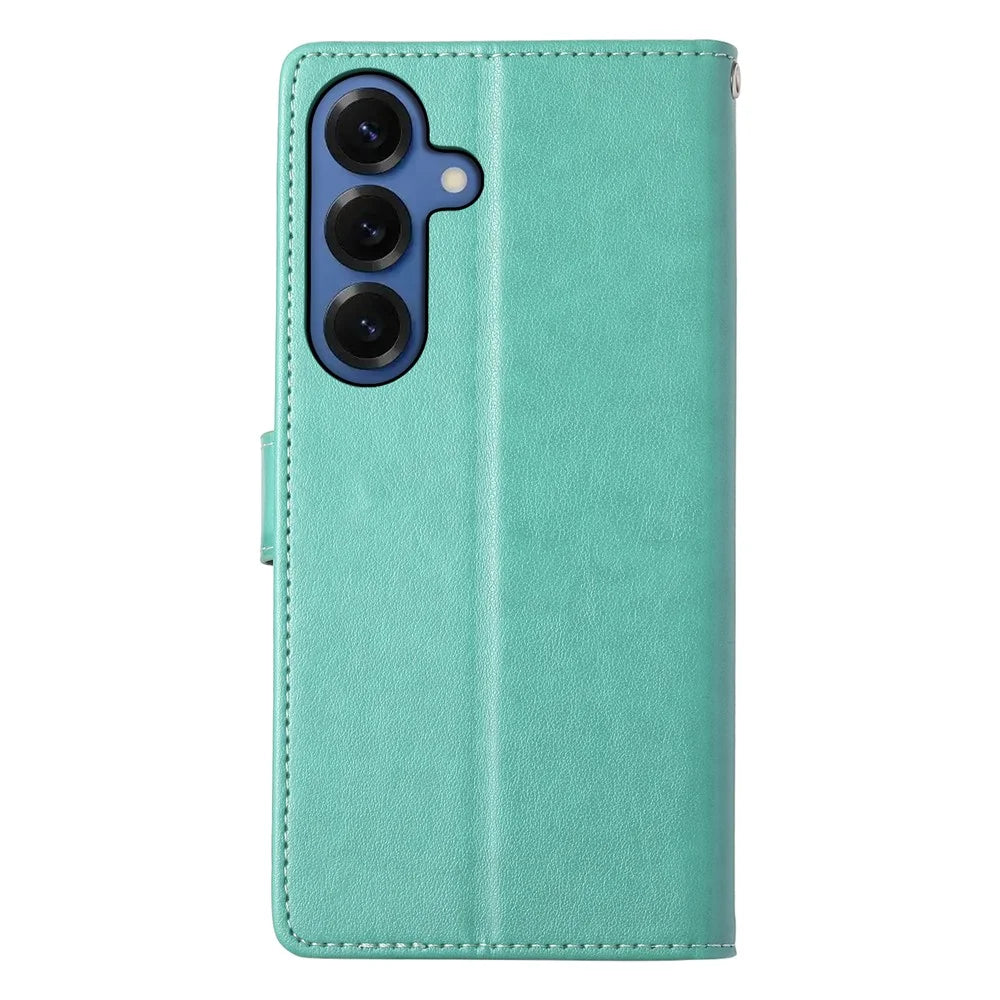 For Samsung Galaxy S26+ Wallet Case Butterfly Floral Imprint PU Leather Phone Cover with Wrist Strap - Green - 7