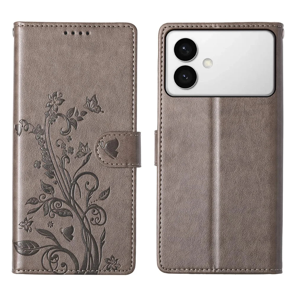 For Samsung Galaxy S26 Wallet Case Butterfly Floral Imprint PU Leather Phone Cover with Wrist Strap - Grey - 1