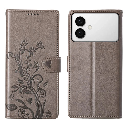 For Samsung Galaxy S26 Wallet Case Butterfly Floral Imprint PU Leather Phone Cover with Wrist Strap - Grey - 1