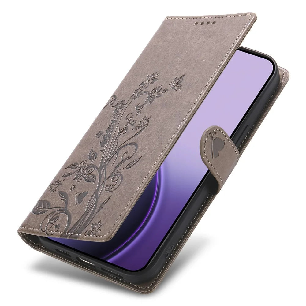 For Samsung Galaxy S26 Wallet Case Butterfly Floral Imprint PU Leather Phone Cover with Wrist Strap - Grey - 5