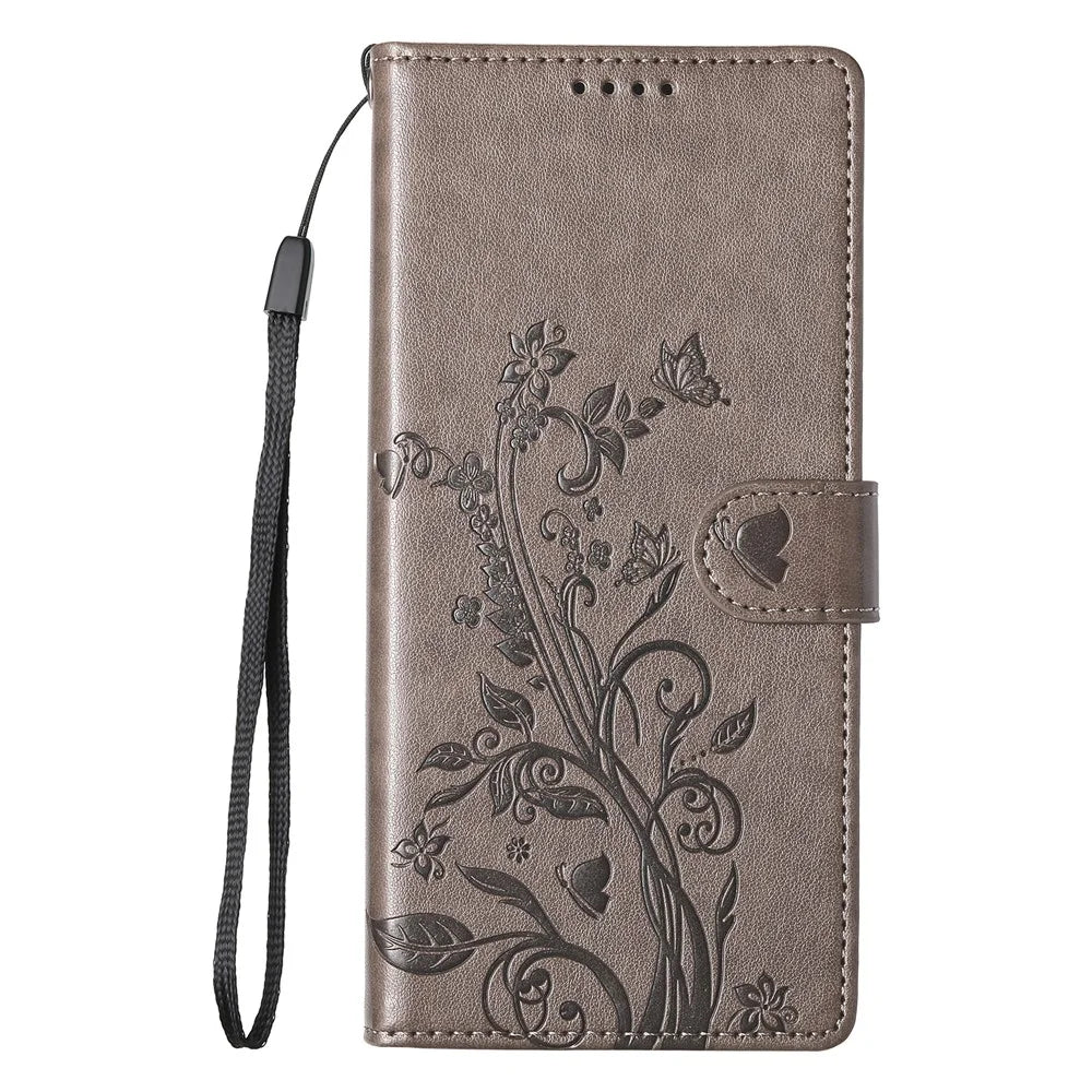 For Samsung Galaxy S26 Wallet Case Butterfly Floral Imprint PU Leather Phone Cover with Wrist Strap - Grey - 6