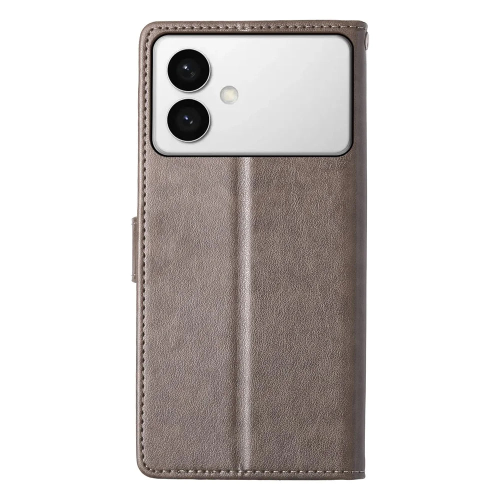 For Samsung Galaxy S26 Wallet Case Butterfly Floral Imprint PU Leather Phone Cover with Wrist Strap - Grey - 7