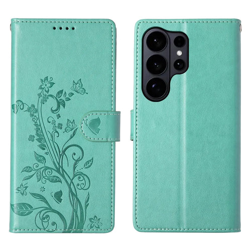 For Samsung Galaxy S26 Ultra Wallet Case Butterfly Floral Imprint PU Leather Phone Cover with Wrist Strap - Green - 1