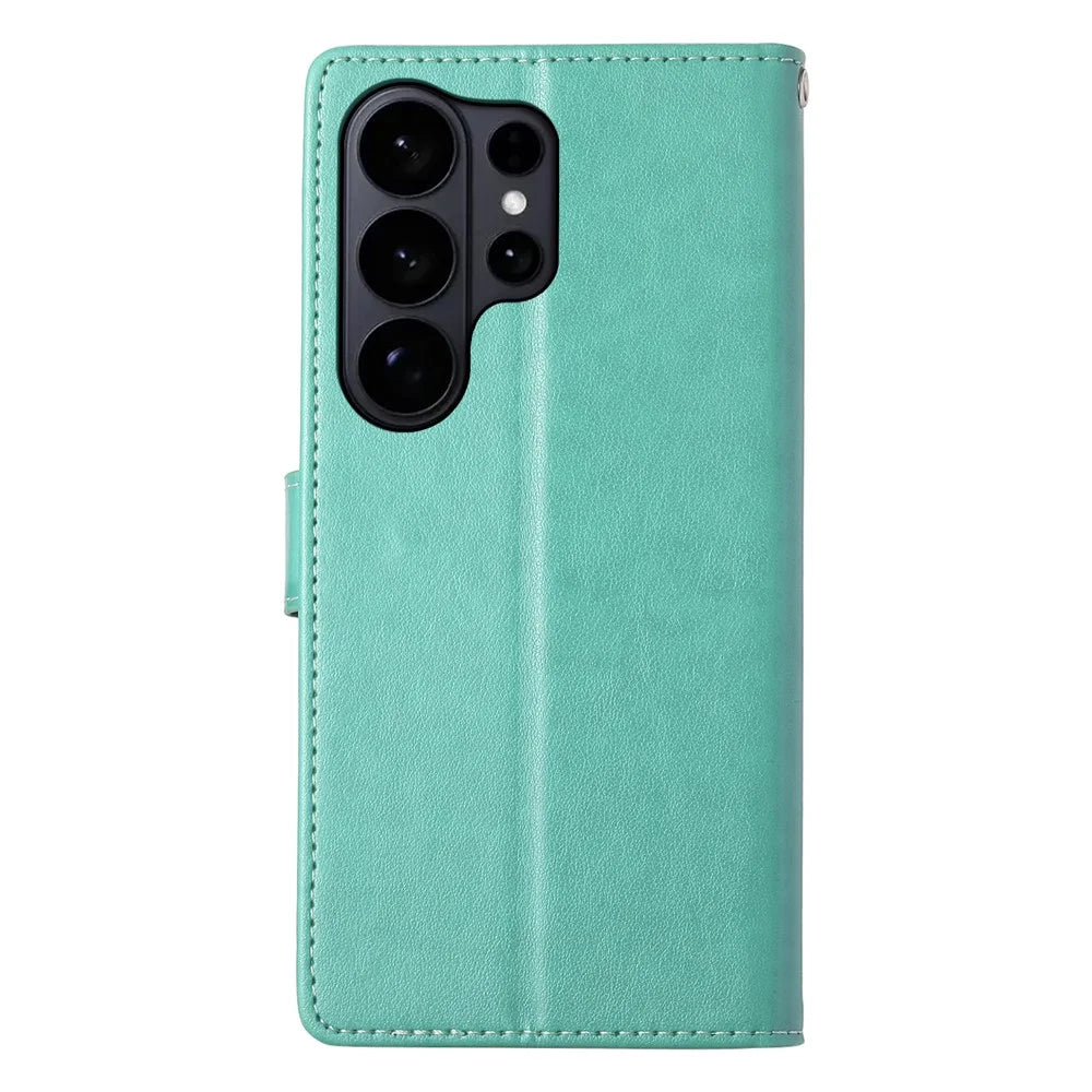 For Samsung Galaxy S26 Ultra Wallet Case Butterfly Floral Imprint PU Leather Phone Cover with Wrist Strap - Green - 7