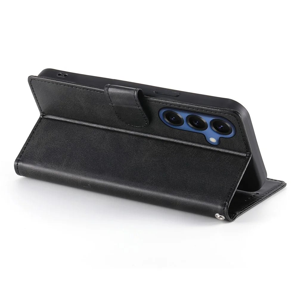 For Samsung Galaxy S26 Case Stand Wallet Calf Texture PU Leather Flip Phone Cover with Wrist Strap - Black - 3