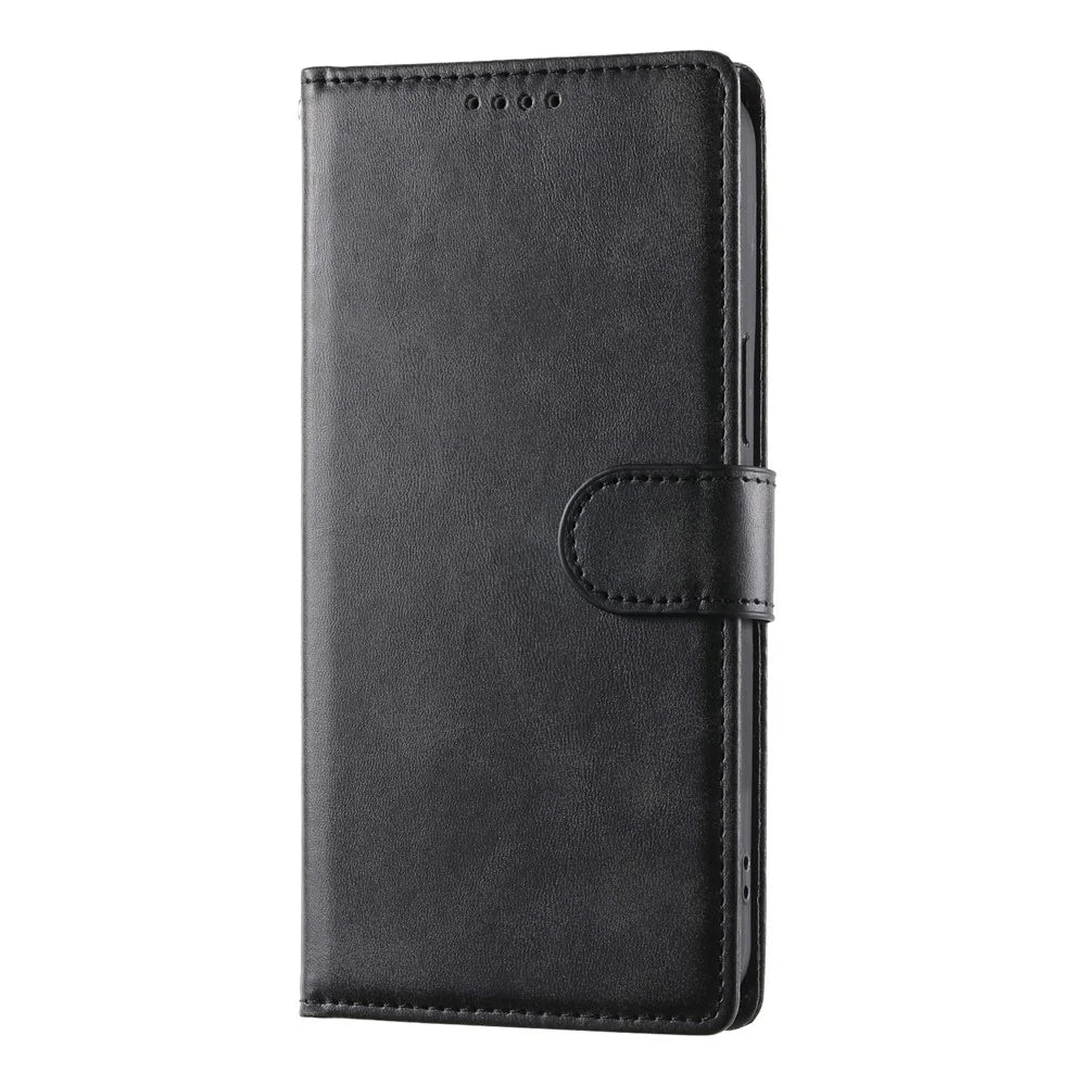 For Samsung Galaxy S26 Case Stand Wallet Calf Texture PU Leather Flip Phone Cover with Wrist Strap - Black - 5