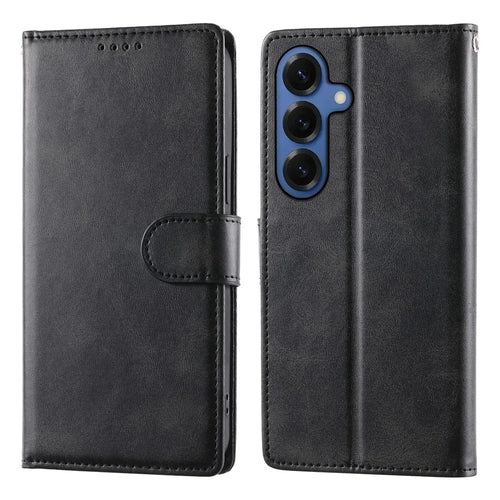 For Samsung Galaxy S26+ Case Stand Wallet Calf Texture PU Leather Flip Phone Cover with Wrist Strap - Black - 1
