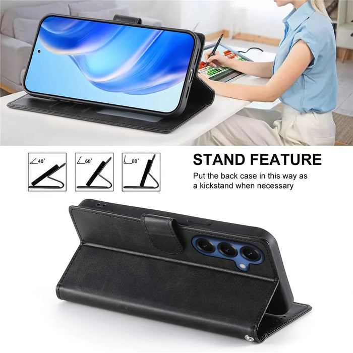 For Samsung Galaxy S26+ Case Stand Wallet Calf Texture PU Leather Flip Phone Cover with Wrist Strap - Black - 4