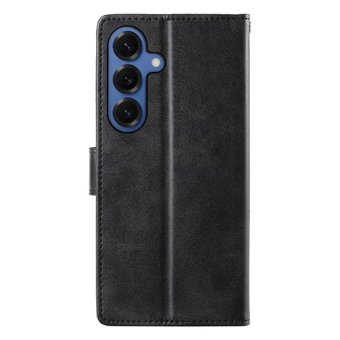 For Samsung Galaxy S26+ Case Stand Wallet Calf Texture PU Leather Flip Phone Cover with Wrist Strap - Black - 6