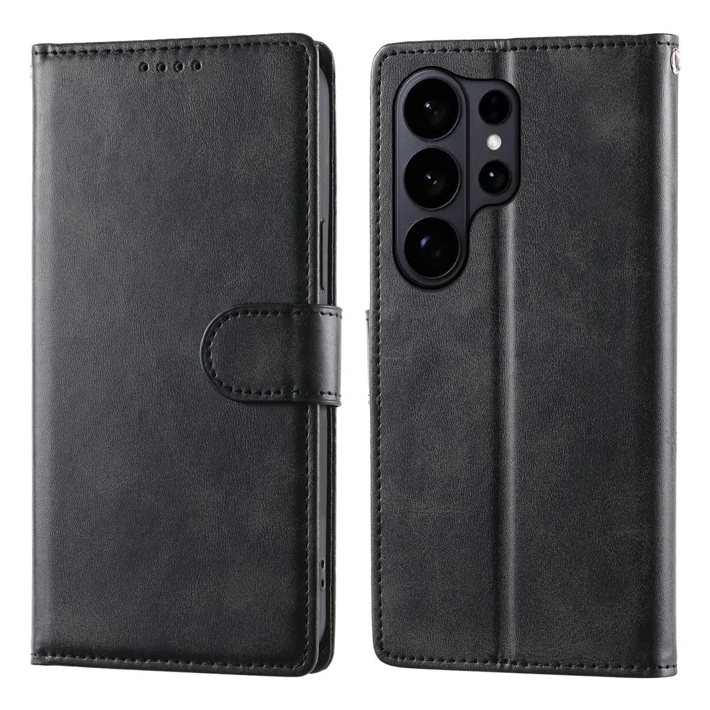 For Samsung Galaxy S26 Ultra Case Stand Wallet Calf Texture PU Leather Flip Phone Cover with Wrist Strap - Black - 1