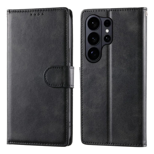 For Samsung Galaxy S26 Ultra Case Stand Wallet Calf Texture PU Leather Flip Phone Cover with Wrist Strap - Black - 1