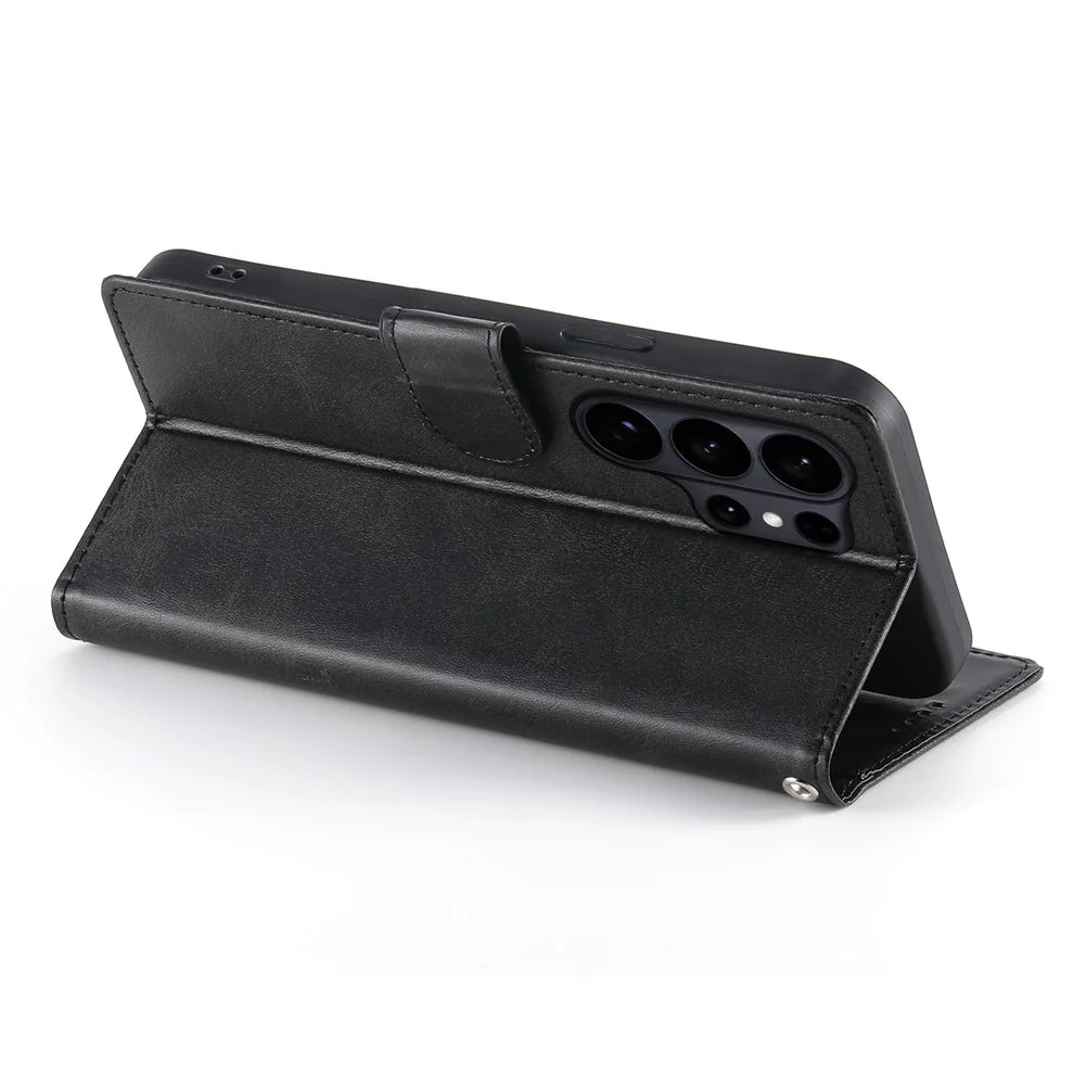 For Samsung Galaxy S26 Ultra Case Stand Wallet Calf Texture PU Leather Flip Phone Cover with Wrist Strap - Black - 3