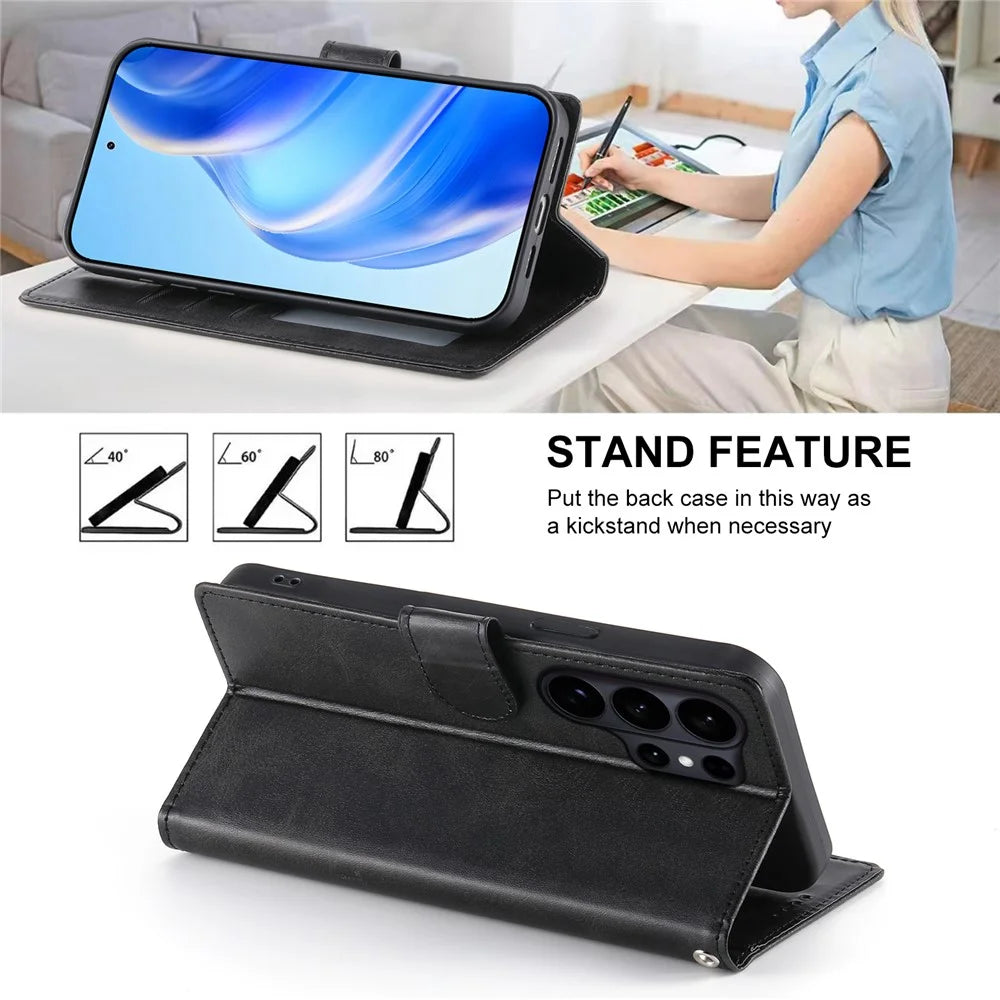 For Samsung Galaxy S26 Ultra Case Stand Wallet Calf Texture PU Leather Flip Phone Cover with Wrist Strap - Black - 4