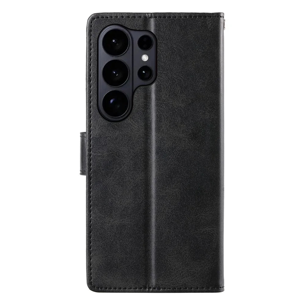 For Samsung Galaxy S26 Ultra Case Stand Wallet Calf Texture PU Leather Flip Phone Cover with Wrist Strap - Black - 6