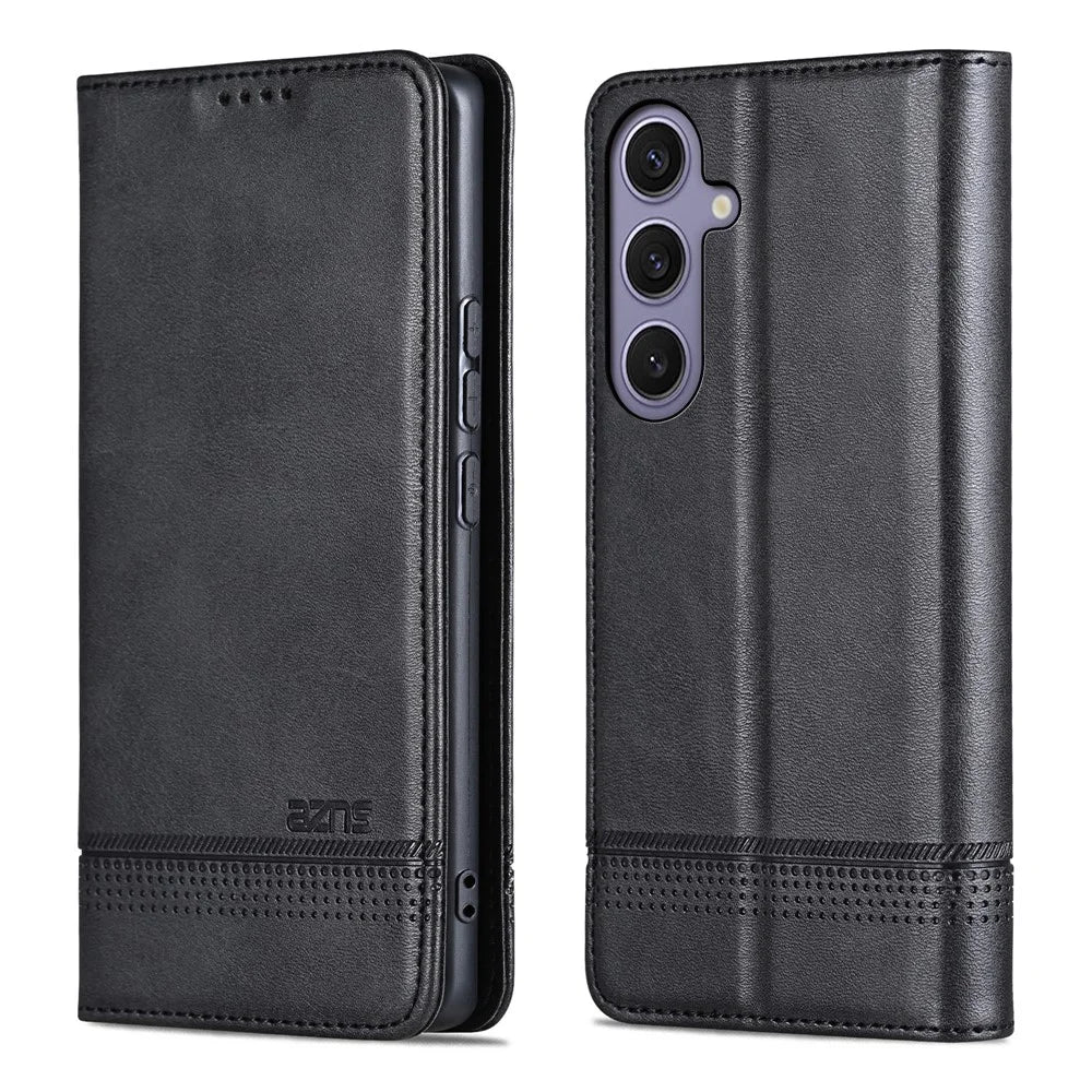 AZNS For Samsung Galaxy S26 Case Cowhide Texture PU Leather Wallet Phone Cover - Black - 1