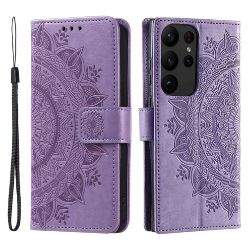For Samsung Galaxy S23 Ultra Wallet Phone Case Mandala Flower Imprinted PU Leather Flip Stand Magnetic Clasp Shockproof Cover - Purple - 1