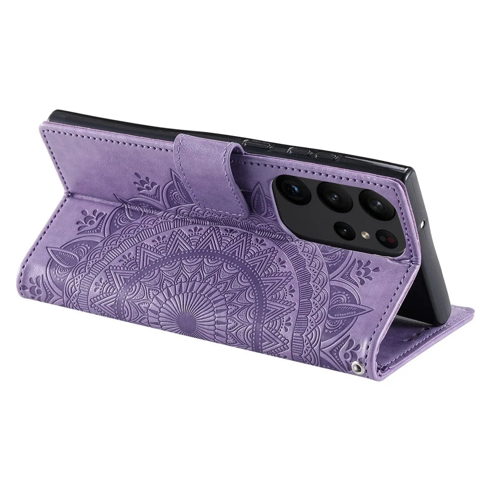 For Samsung Galaxy S23 Ultra Wallet Phone Case Mandala Flower Imprinted PU Leather Flip Stand Magnetic Clasp Shockproof Cover - Purple - 4