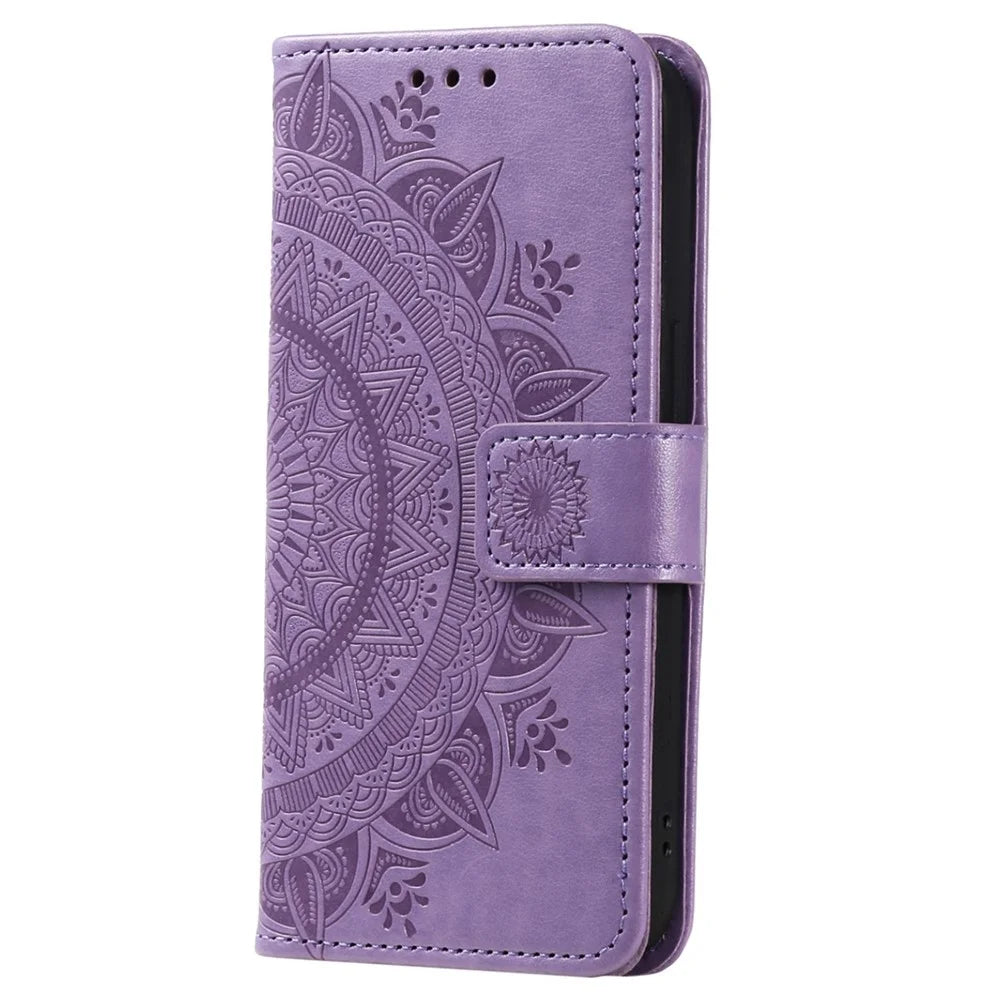 For Samsung Galaxy S23 Ultra Wallet Phone Case Mandala Flower Imprinted PU Leather Flip Stand Magnetic Clasp Shockproof Cover - Purple - 5