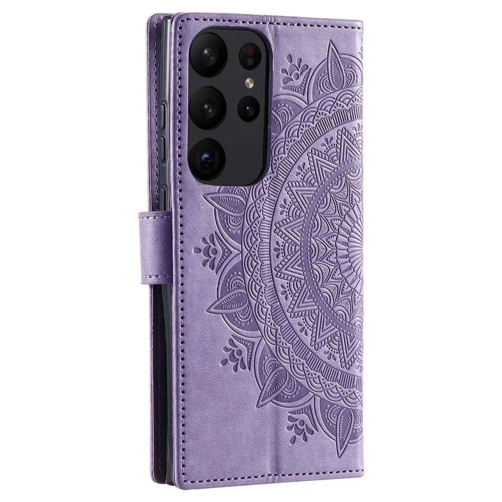 For Samsung Galaxy S23 Ultra Wallet Phone Case Mandala Flower Imprinted PU Leather Flip Stand Magnetic Clasp Shockproof Cover - Purple - 6