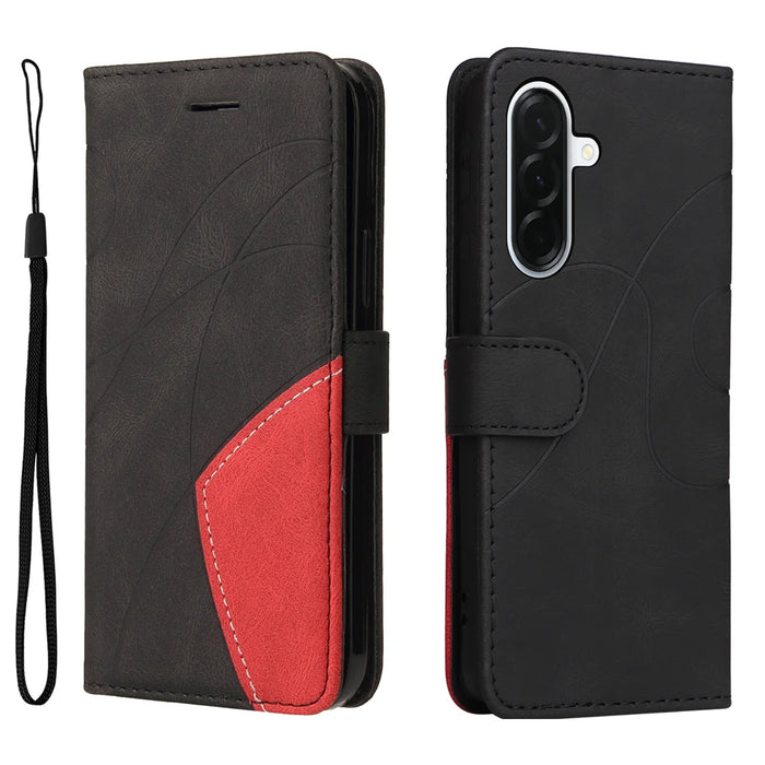 For Samsung Galaxy A37 5G Leather Phone Case Stand Wallet with Bi-colour Splicing Design - Black - 1