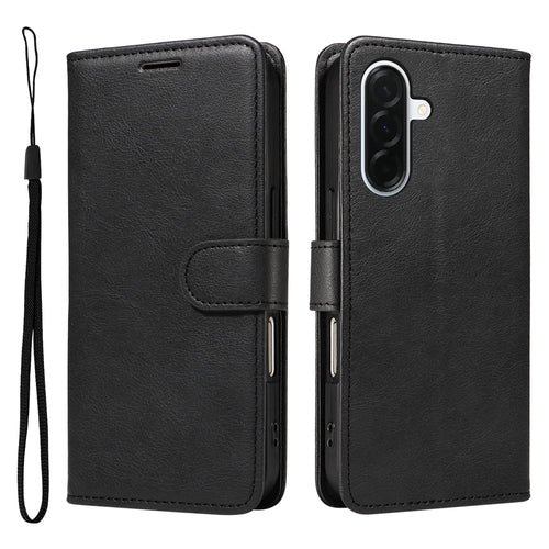 For Samsung Galaxy A37 5G Leather Wallet Case with Strap Solid Color Phone Stand Cover - Black - 1