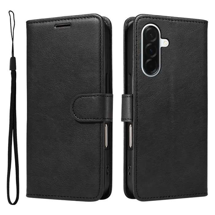 For Samsung Galaxy A37 5G Leather Wallet Case with Strap Solid Color Phone Stand Cover - Black - 1