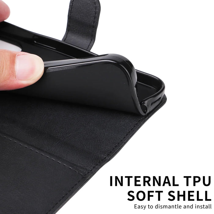For Samsung Galaxy A37 5G Leather Wallet Case with Strap Solid Color Phone Stand Cover - Black - 4
