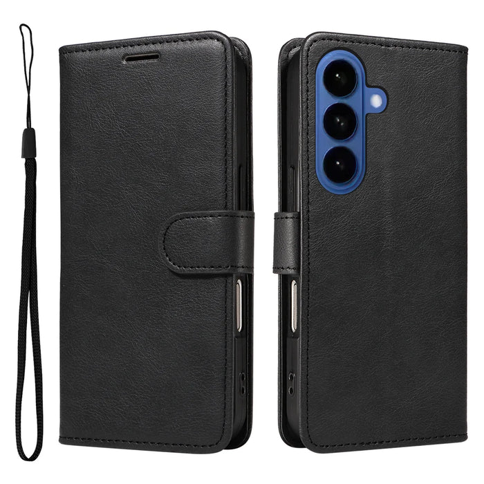 For Samsung Galaxy S26+ Leather Wallet Case with Strap Solid Color Phone Stand Cover - Black - 1