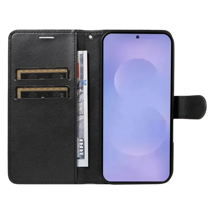 For Samsung Galaxy S26+ Leather Wallet Case with Strap Solid Color Phone Stand Cover - Black - 2