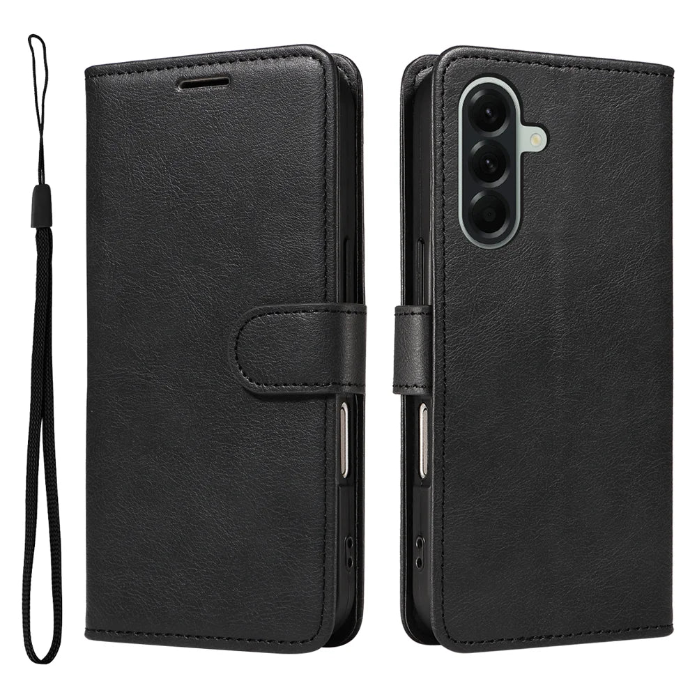 For Samsung Galaxy A57 5G Leather Wallet Case with Strap Solid Color Phone Stand Cover - Black - 1