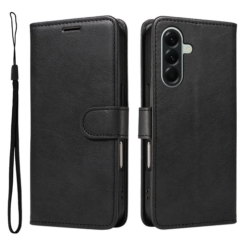 For Samsung Galaxy A57 5G Leather Wallet Case with Strap Solid Color Phone Stand Cover - Black - 1