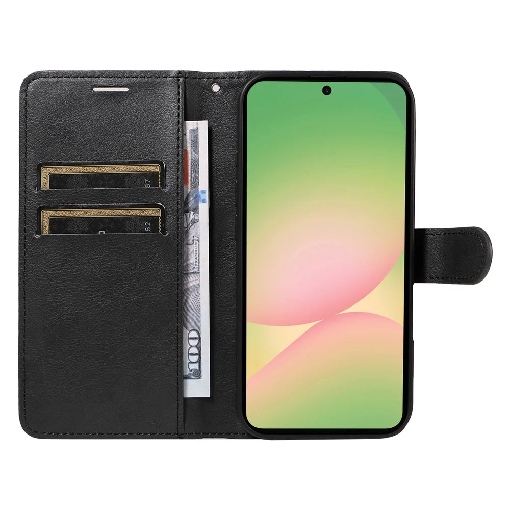 For Samsung Galaxy A57 5G Leather Wallet Case with Strap Solid Color Phone Stand Cover - Black - 2