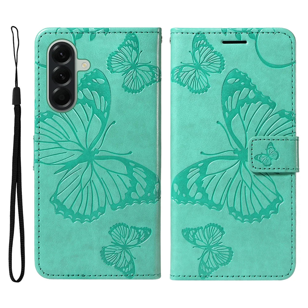 For Samsung Galaxy A57 5G Wallet Case Floral Butterfly Imprinted Leather Phone Cover Stand -  Green - 1