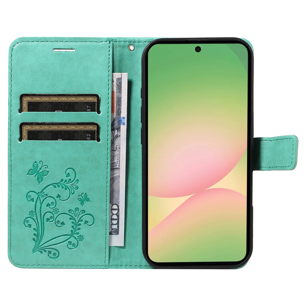 For Samsung Galaxy A57 5G Wallet Case Floral Butterfly Imprinted Leather Phone Cover Stand -  Green - 2