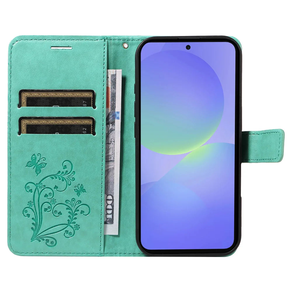 For Samsung Galaxy A37 5G Wallet Case Floral Butterfly Imprinted Leather Phone Cover Stand -  Green - 2