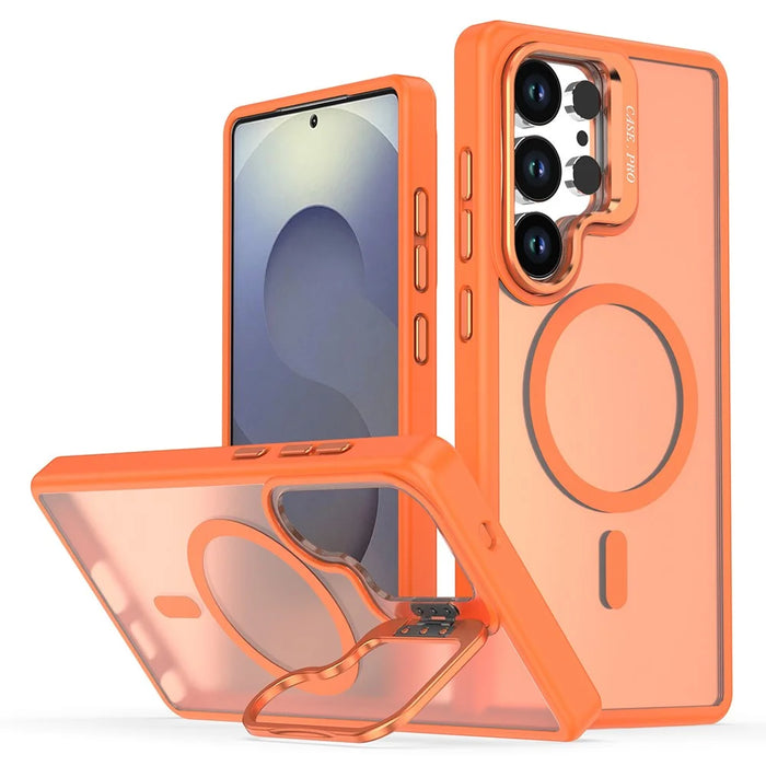 For Samsung Galaxy S24 Ultra Magnetic Case Foldable Kickstand Matte PC + TPU Phone Cover - Orange - 1