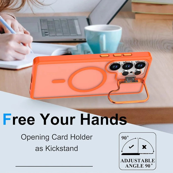 For Samsung Galaxy S24 Ultra Magnetic Case Foldable Kickstand Matte PC + TPU Phone Cover - Orange - 2
