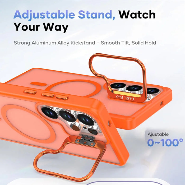 For Samsung Galaxy S24 Ultra Magnetic Case Foldable Kickstand Matte PC + TPU Phone Cover - Orange - 3