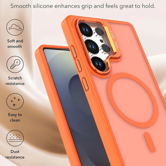 For Samsung Galaxy S24 Ultra Magnetic Case Foldable Kickstand Matte PC + TPU Phone Cover - Orange - 4