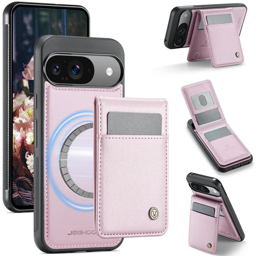 JEEHOOD For Google Pixel 10 Pro / Google Pixel 10 Leather Back Cover  J06 Magnetic Phone Case with Card Bag RFID Blocking - Pink - 1