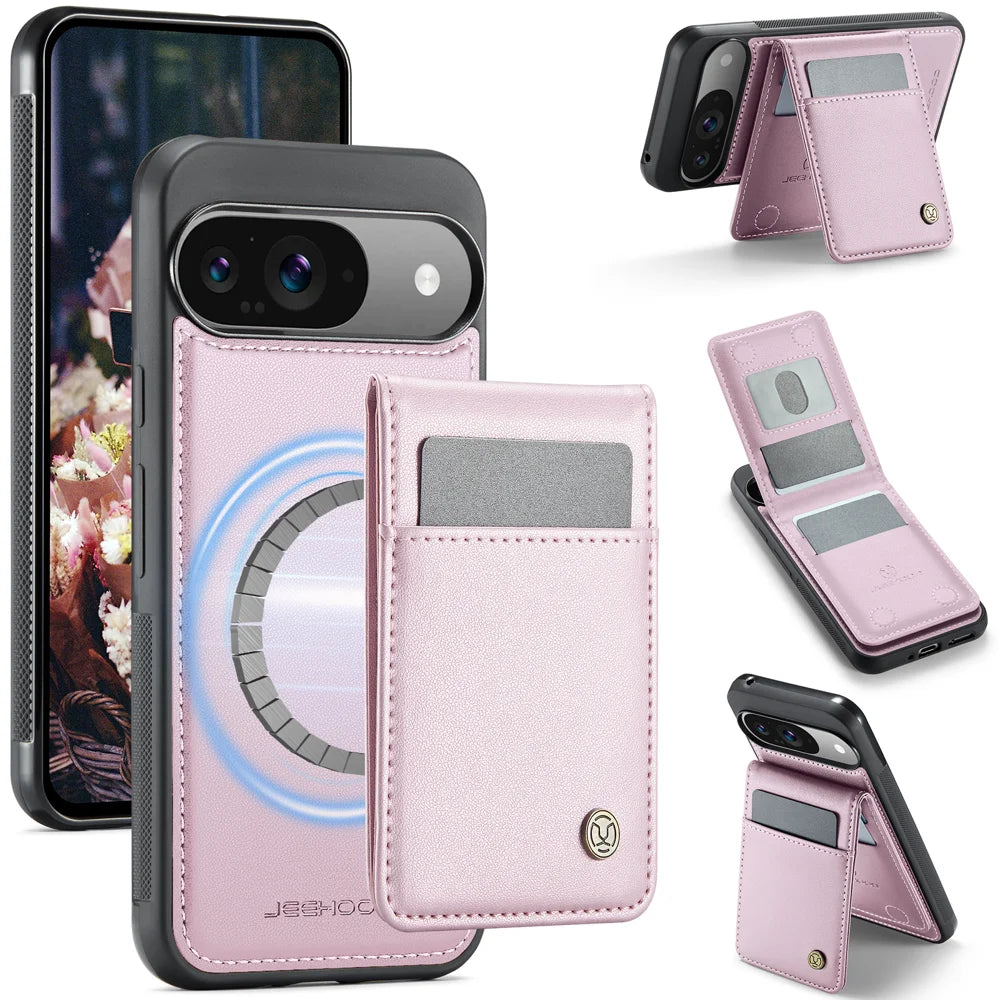 JEEHOOD For Google Pixel 10 Pro / Google Pixel 10 Leather Back Cover  J06 Magnetic Phone Case with Card Bag RFID Blocking - Pink - 1