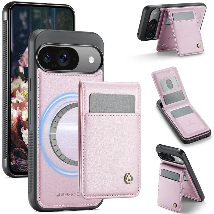 JEEHOOD For Google Pixel 10 Pro / Google Pixel 10 Leather Back Cover  J06 Magnetic Phone Case with Card Bag RFID Blocking - Pink - 1