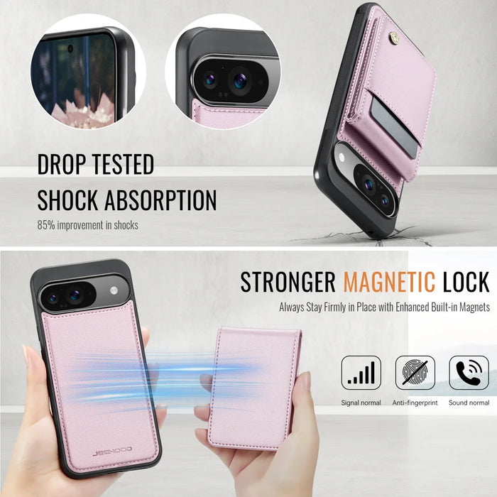 JEEHOOD For Google Pixel 10 Pro / Google Pixel 10 Leather Back Cover  J06 Magnetic Phone Case with Card Bag RFID Blocking - Pink - 3