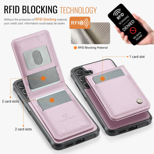 JEEHOOD For Samsung Galaxy S25 FE Leather Back Cover  J06 Magnetic Phone Case with Card Bag RFID Blocking - Pink - 2