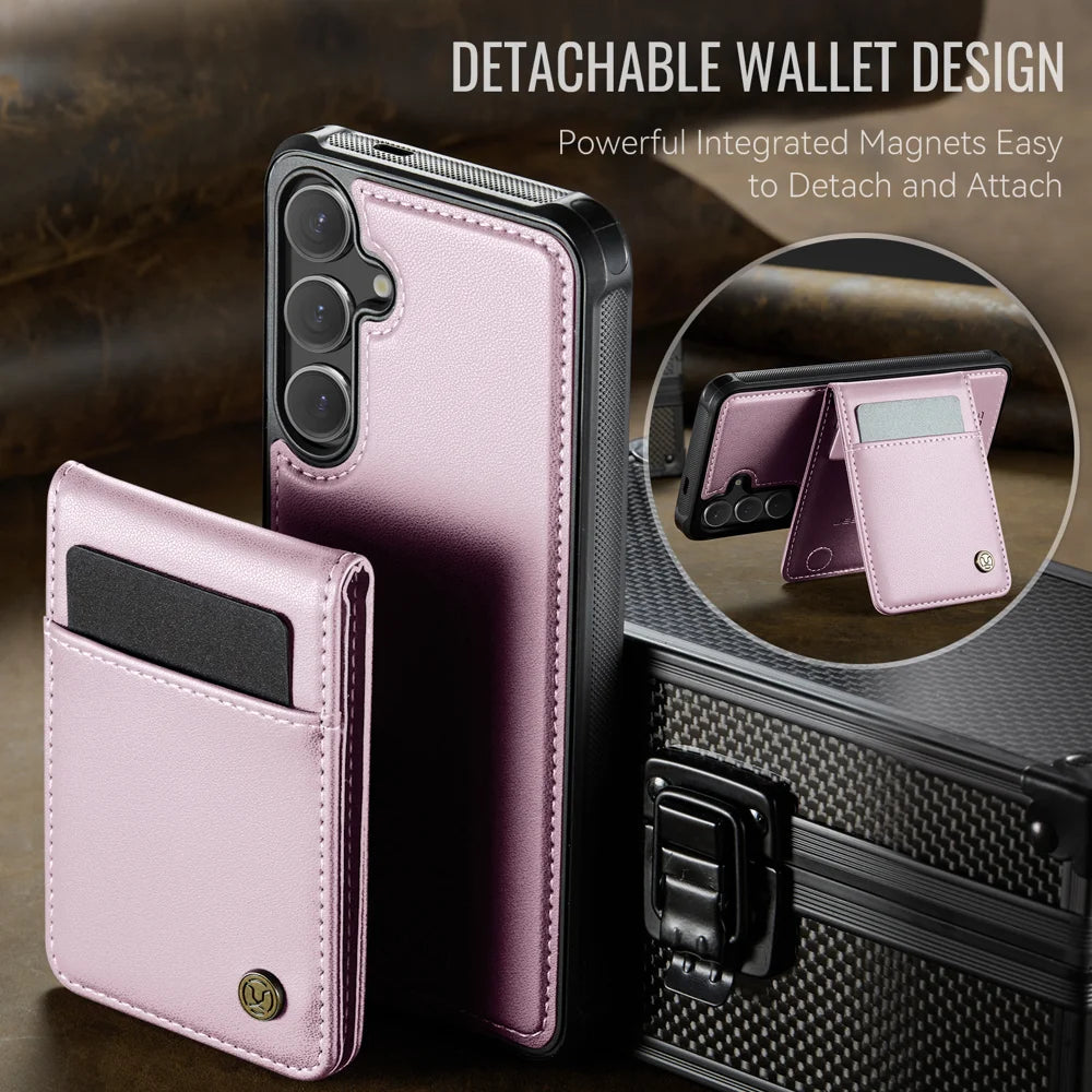 JEEHOOD For Samsung Galaxy S25 FE Leather Back Cover  J06 Magnetic Phone Case with Card Bag RFID Blocking - Pink - 4