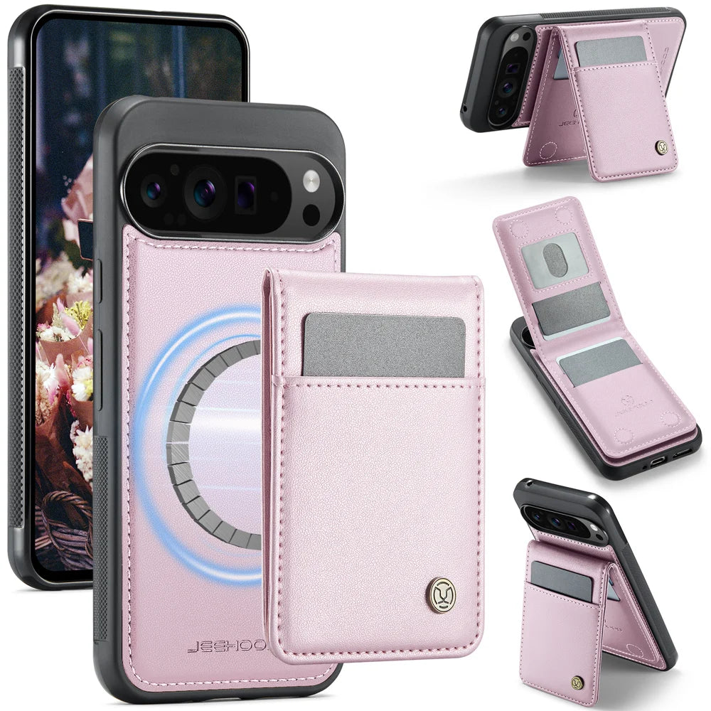 JEEHOOD For Google Pixel 10 Pro XL Leather Back Cover  J06 Magnetic Phone Case with Card Bag RFID Blocking - Pink - 1